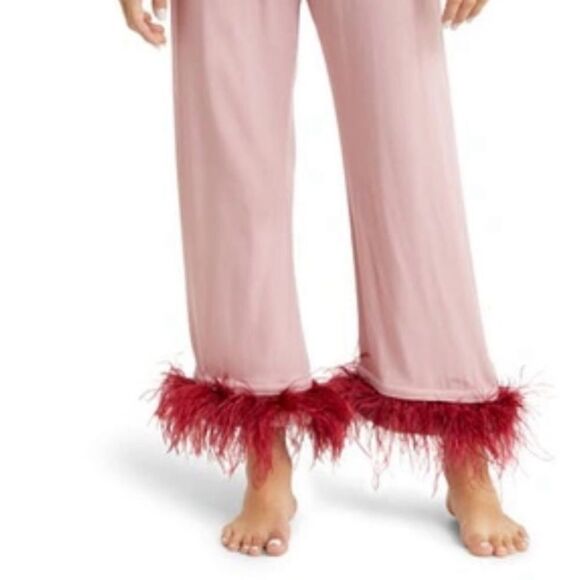 Sleeper Pink/Red Pajama Double  Ostrich Feather Pants & Button Up NWT $395.00 - Picture 5 of 12